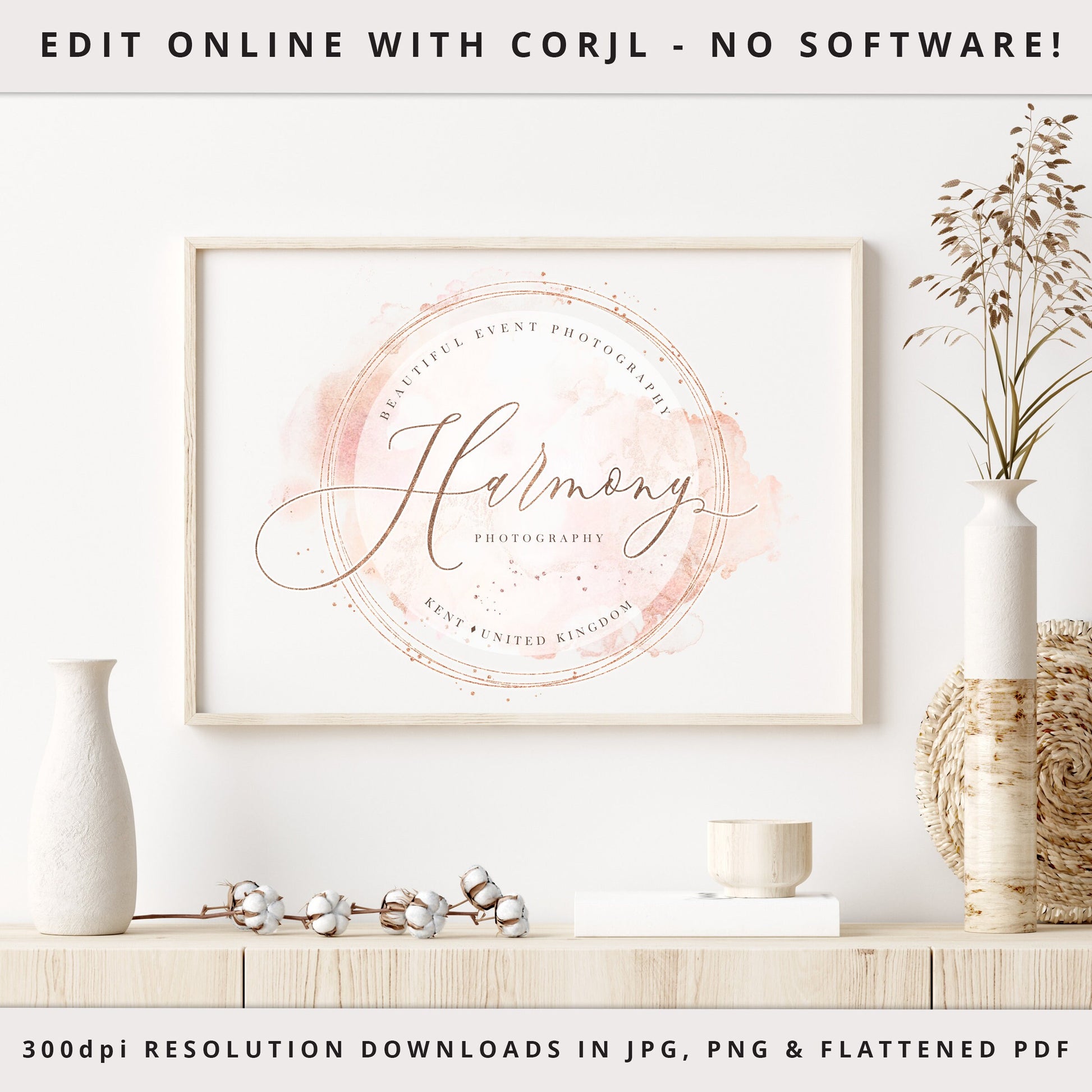 Editable Round Blush Pink Marble Watercolor & Rose Gold Glitter Logo Design Instant Download | DIY Logo Template |  Premade Logo HP-001