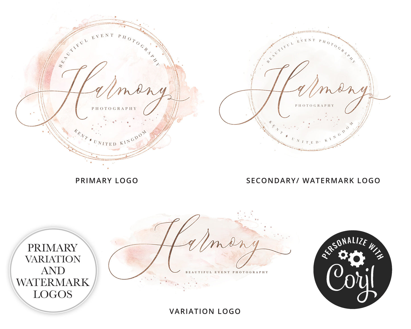 Editable Logo Suite 3 x Blush Pink Marble Watercolor & Rose Gold Logos Branding Editable Template | Instant Edit Online | DIY Logo HP-001