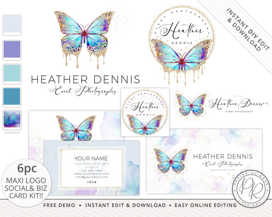 DIY 6pc Essential Branding Kit Ethereal Butterfly Instant Edit Logo Design  | DIY Editable Template | Premade logo | Brand Kit HD-001
