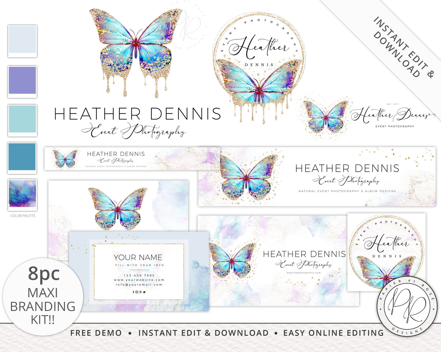 8pc Butterfly Branding Maxi Kit Marble Gold Foil Instant Download Logo Design  | DIY Editable Template | Premade logo | Brand Kit HD-001