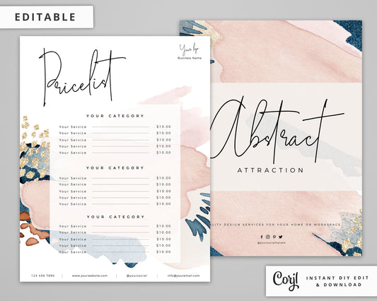 DIY Price List Template, Printable Price Guide, Editable Business Price Sheet, Abstract Watercolor Pricing Menu - AA-001