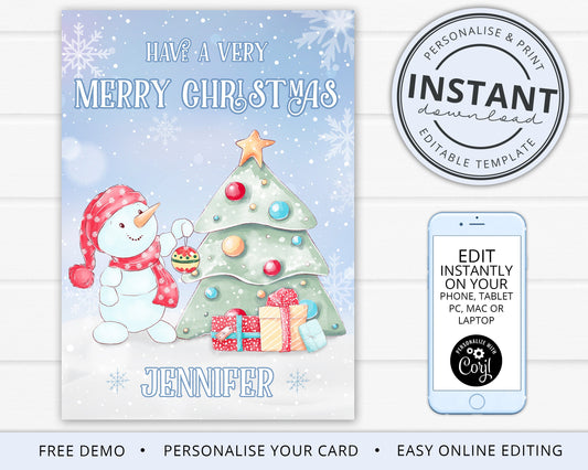 PERSONALISED Christmas Card Cute Snowman 5 x 7" INSTANT Download DIY Editable Digital Printable Card One-Sided Email Xmas Greeting - PR0556