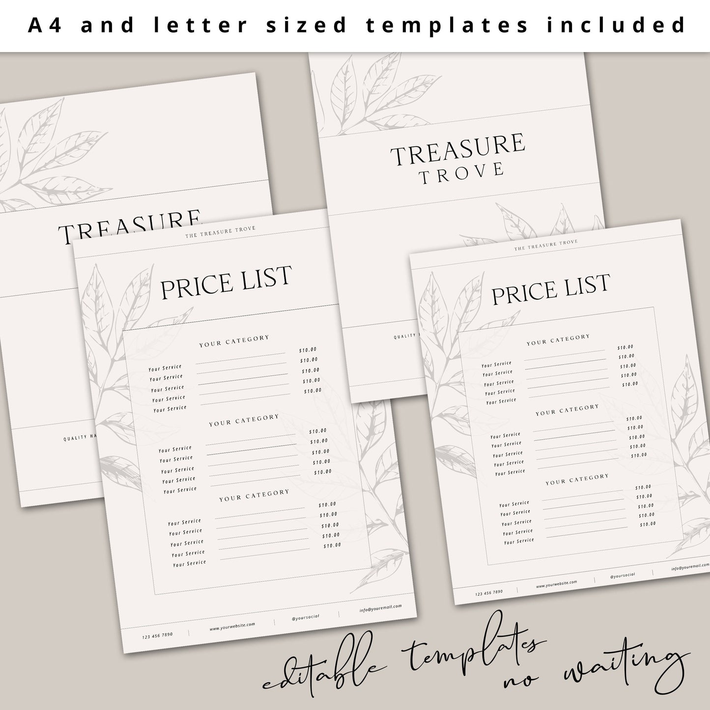 Price List Template Editable Printable Business Minimal Modern Price Sheet Price Guide INSTANT DOWNLOAD Pricing Menu - PR0564