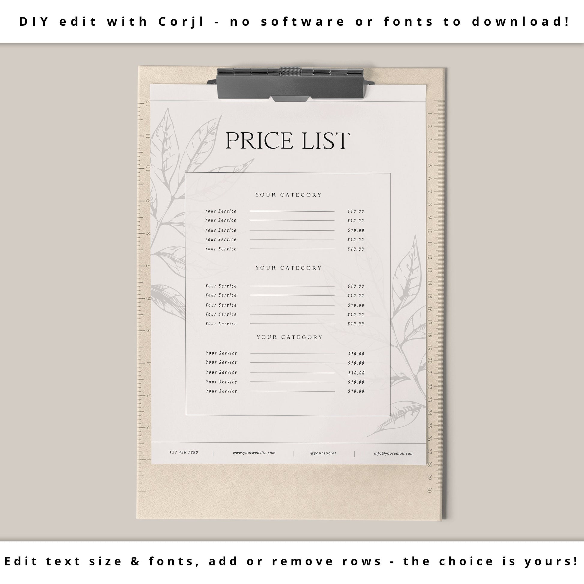 Price List Template Editable Printable Business Minimal Modern Price Sheet Price Guide INSTANT DOWNLOAD Pricing Menu - PR0564