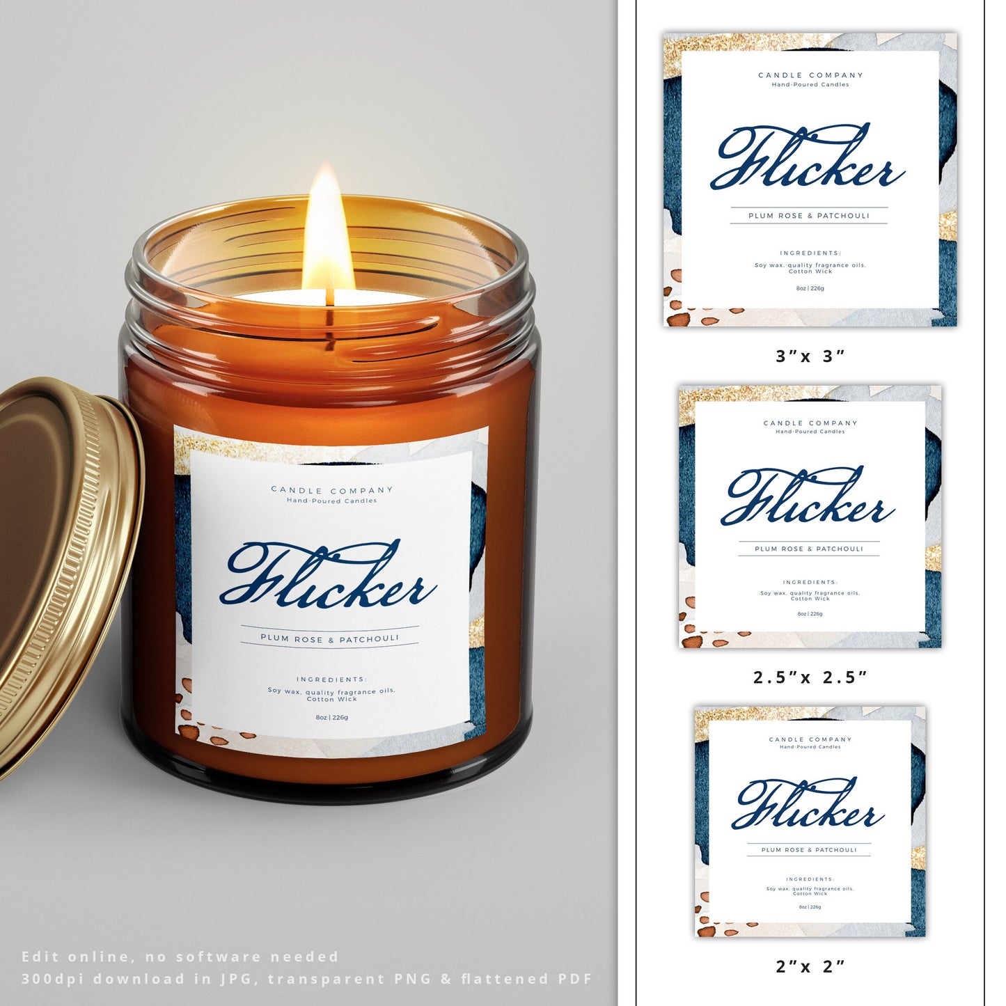 Candle Jar Label Template, DIY Square Product Label, Editable Watercolor Abstract Label Design, Printable Jar Label - AA-001