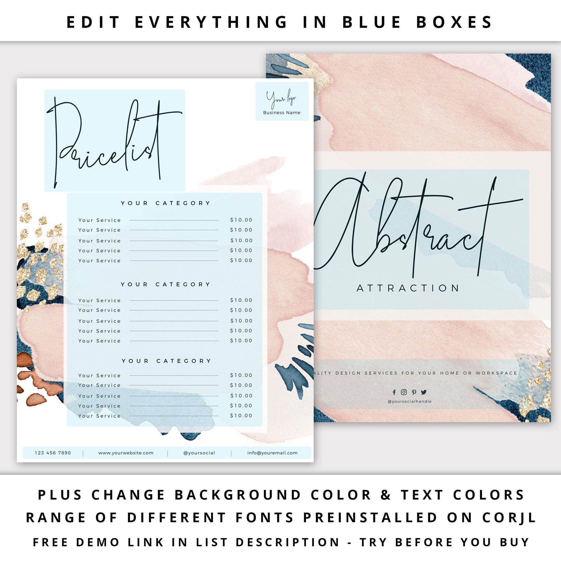 DIY Price List Template, Printable Price Guide, Editable Business Price Sheet, Abstract Watercolor Pricing Menu - AA-001
