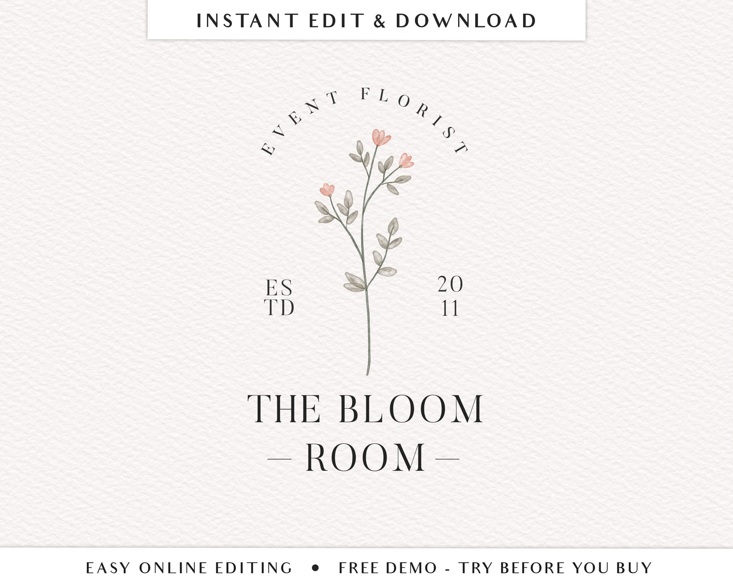 Editable Minimal Logo Flower Florist Photography Simple Logo Design Instant Download | DIY Logo Template |  Premade Logo - PR0580