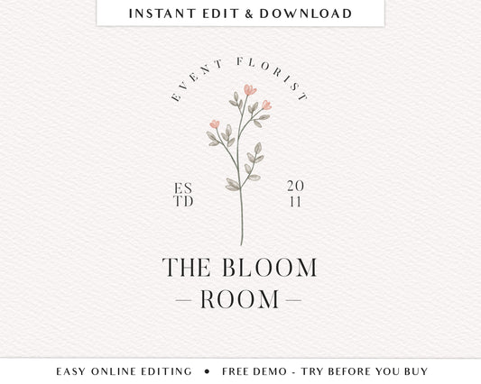 Editable Minimal Logo Flower Florist Photography Simple Logo Design Instant Download | DIY Logo Template |  Premade Logo - PR0580