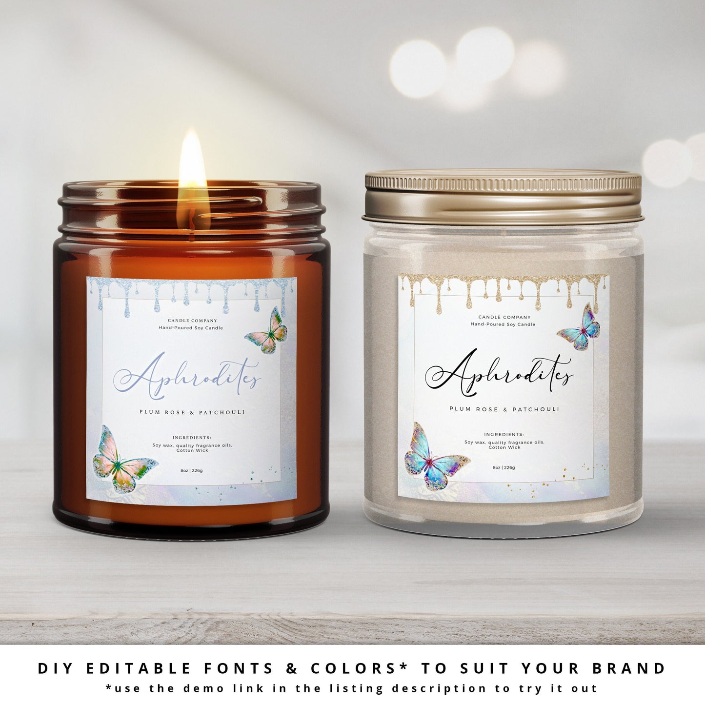 Editable Candle Labels Mystical Butterfly Sparkle Label Template INSTANT DOWNLOAD Square Product Label Design - Corjl Cosmetic Label  PR0584