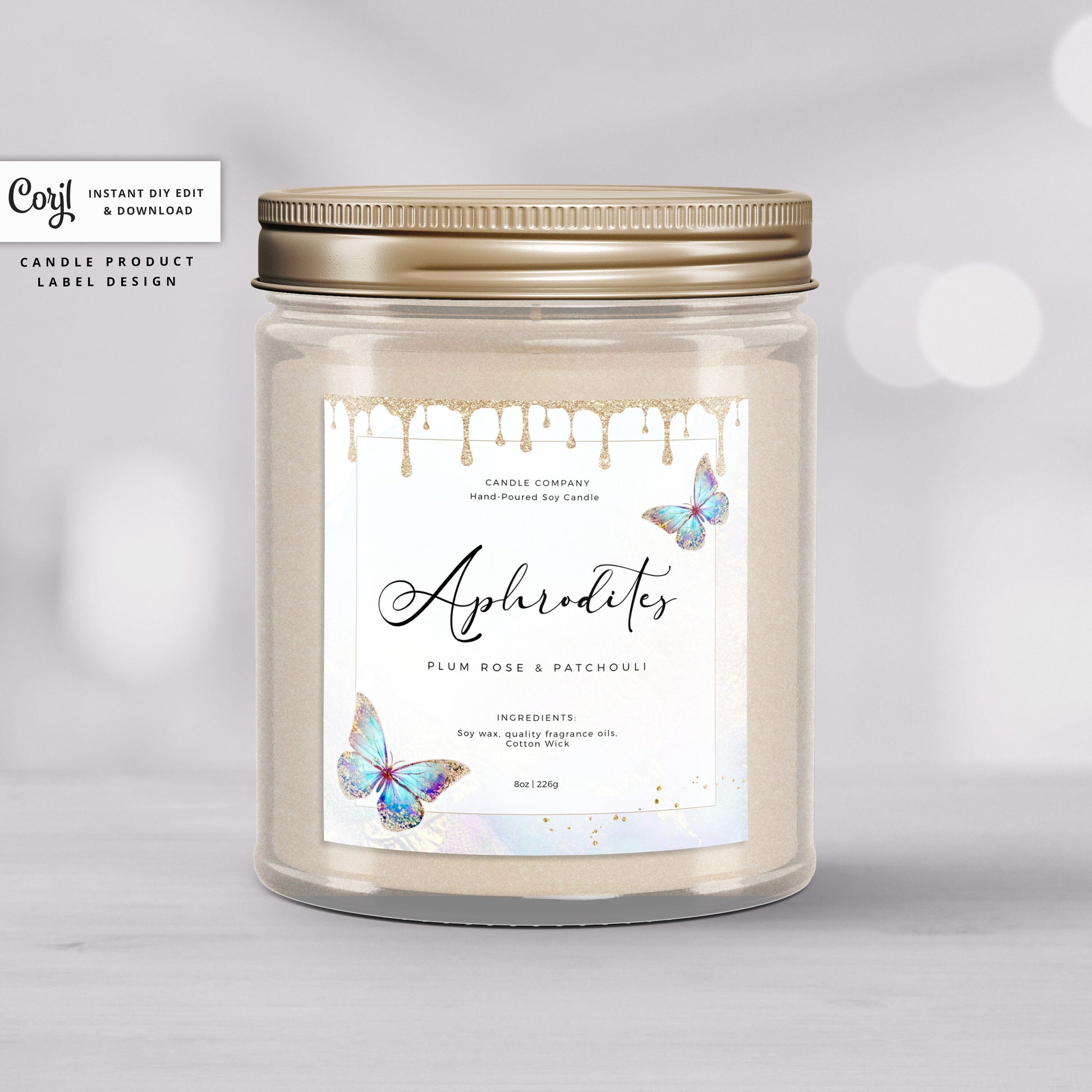 Editable Square Candle Label Template, DIY Edit Mystical Butterfly Spa