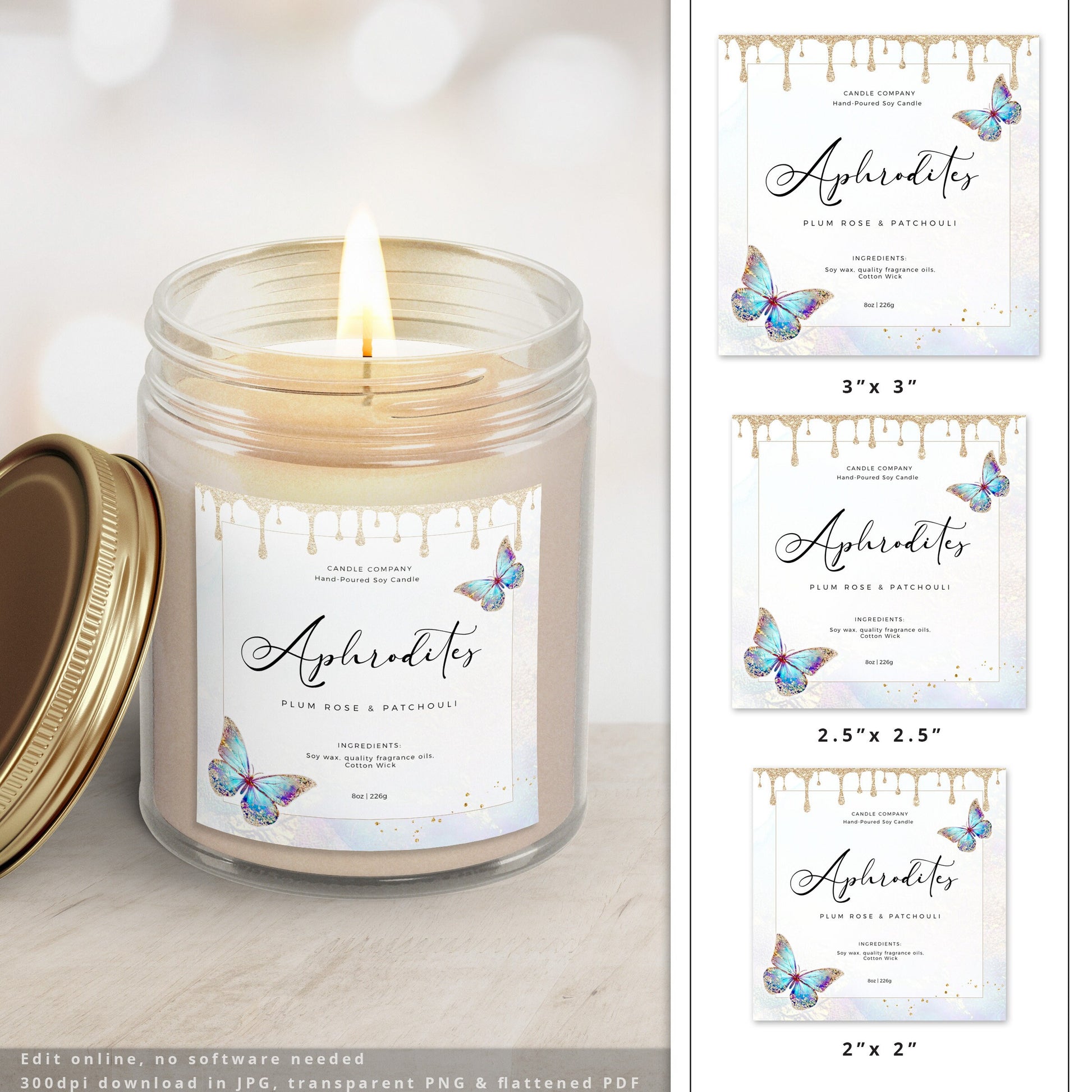 Editable Square Candle Label Template, DIY Edit Mystical Butterfly Spa
