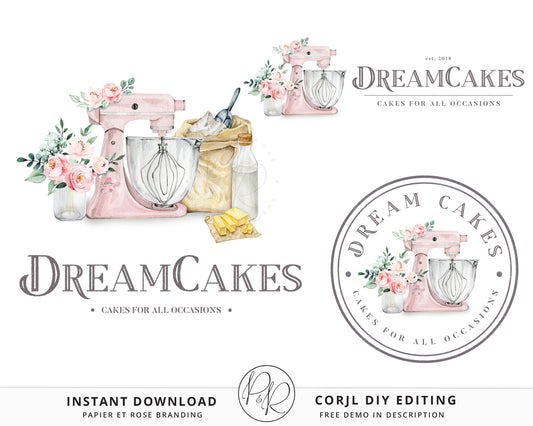 DIY Premade 3 x Logo Suite Farmhouse Cake Decorator Baking Watercolor Branding Kit Package | Instant Edit DIY logo Editable Template DC-001