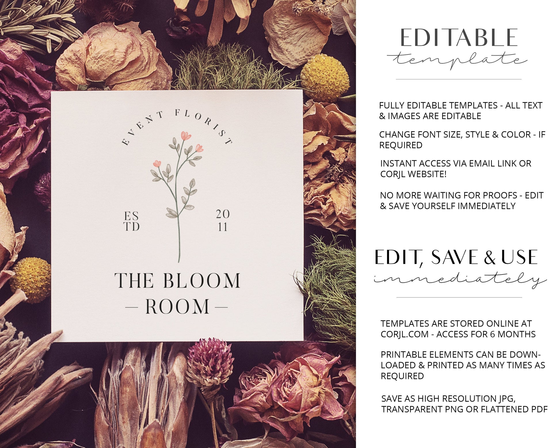 Editable Minimal Logo Flower Florist Photography Simple Logo Design Instant Download | DIY Logo Template |  Premade Logo - PR0580