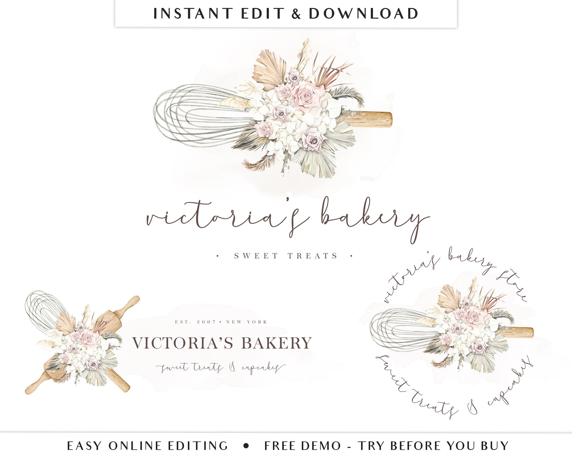 Editable Logo Suite 3 x Boho Florals Baking Logo Kit Branding Kit Package | Instant Edit DIY Cake Maker Bohemian Editable Template VB-001