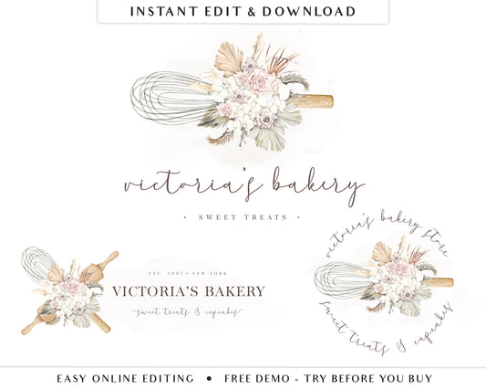 Editable Logo Suite 3 x Boho Florals Baking Logo Kit Branding Kit Package | Instant Edit DIY Cake Maker Bohemian Editable Template VB-001