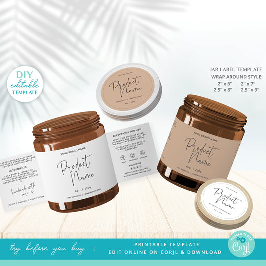 Editable Candle Label Personalised Wrap Around & Circular Product Jar Labels Printable Template | INSTANT DOWNLOAD - PR0593
