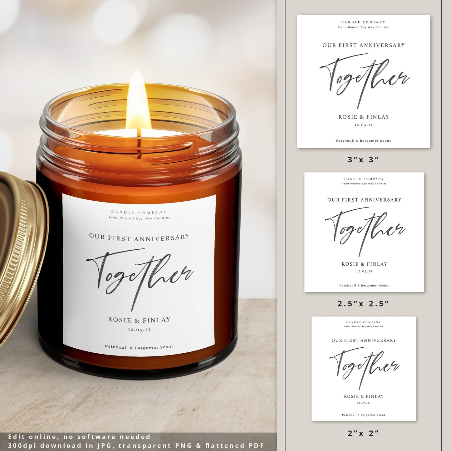 Editable Candle Labels Personalised Wedding Anniversary Label Template INSTANT DOWNLOAD Product Label Design - Corjl Label  PR0585