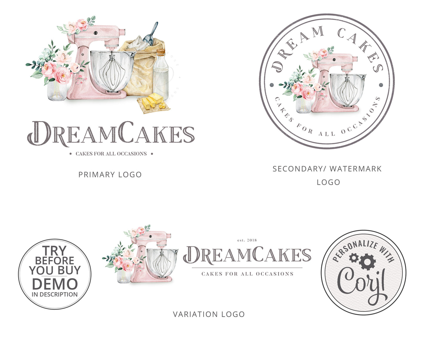 DIY Premade 3 x Logo Suite Farmhouse Cake Decorator Baking Watercolor Branding Kit Package | Instant Edit DIY logo Editable Template DC-001