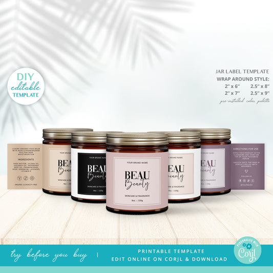 Editable Jar Label Template (4 Sizes) Minimalist Premade DIY Wrap Around Candle / Cosmetic Skincare, Printable Label Design - BBL-001