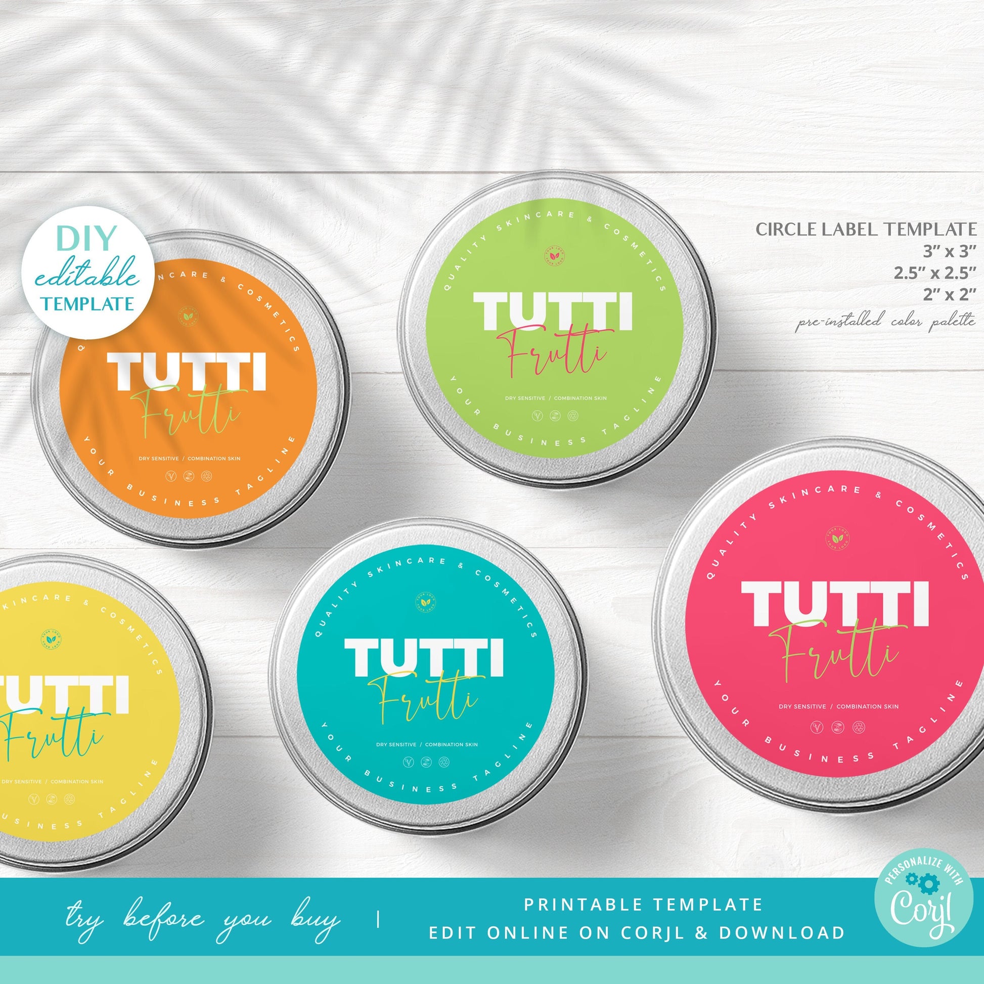 Editable Circular Label Template (3 Sizes) Personalised Neon Circle Candle/ Cosmetic Skincare Label Design Printable - PR0595