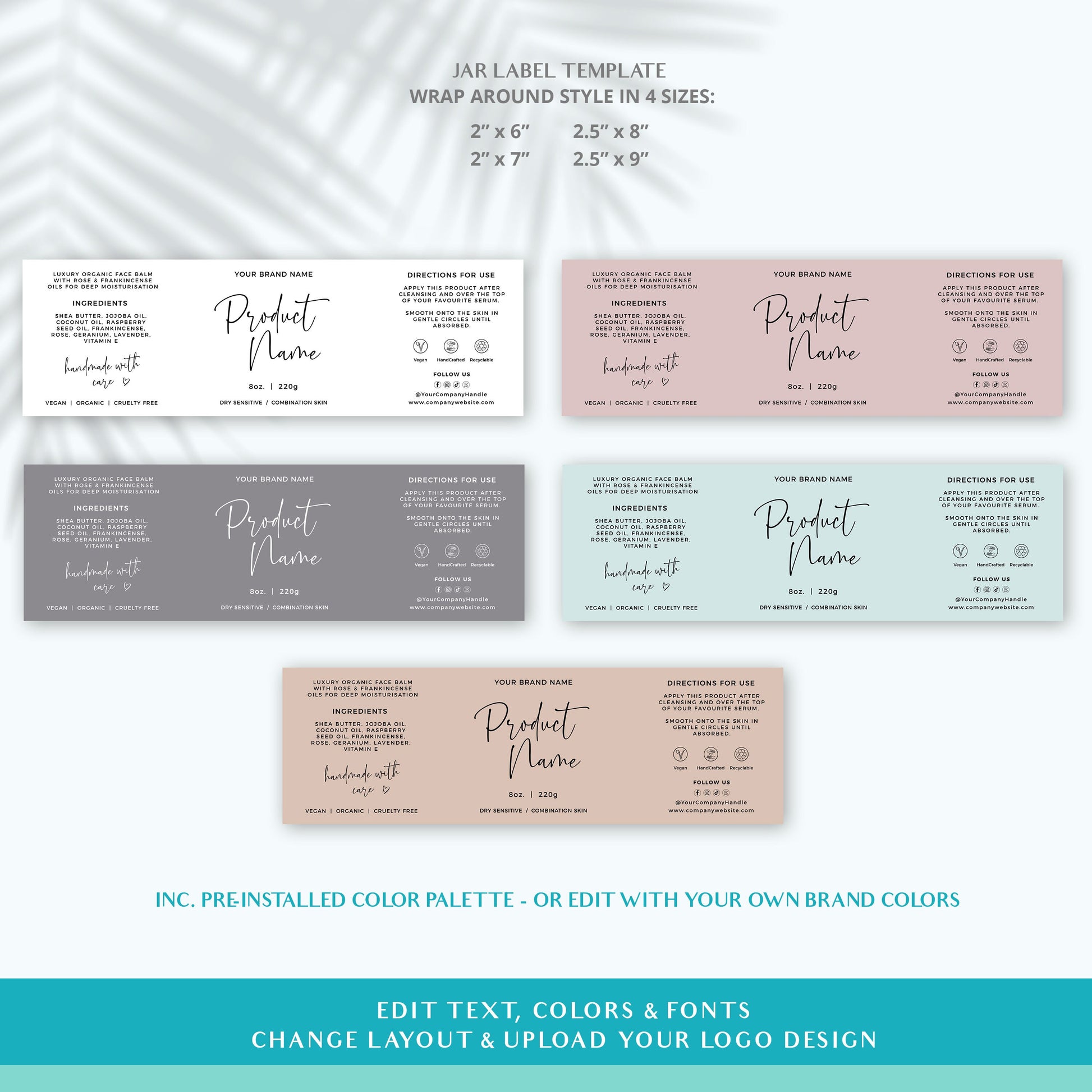 Editable Product Label Minimalist Personalised Wrap Around Template | 4 Sizes: 2x6" / 2x7"/ 2.5x8" / 2.5x9" - INSTANT DOWNLOAD - PR0589