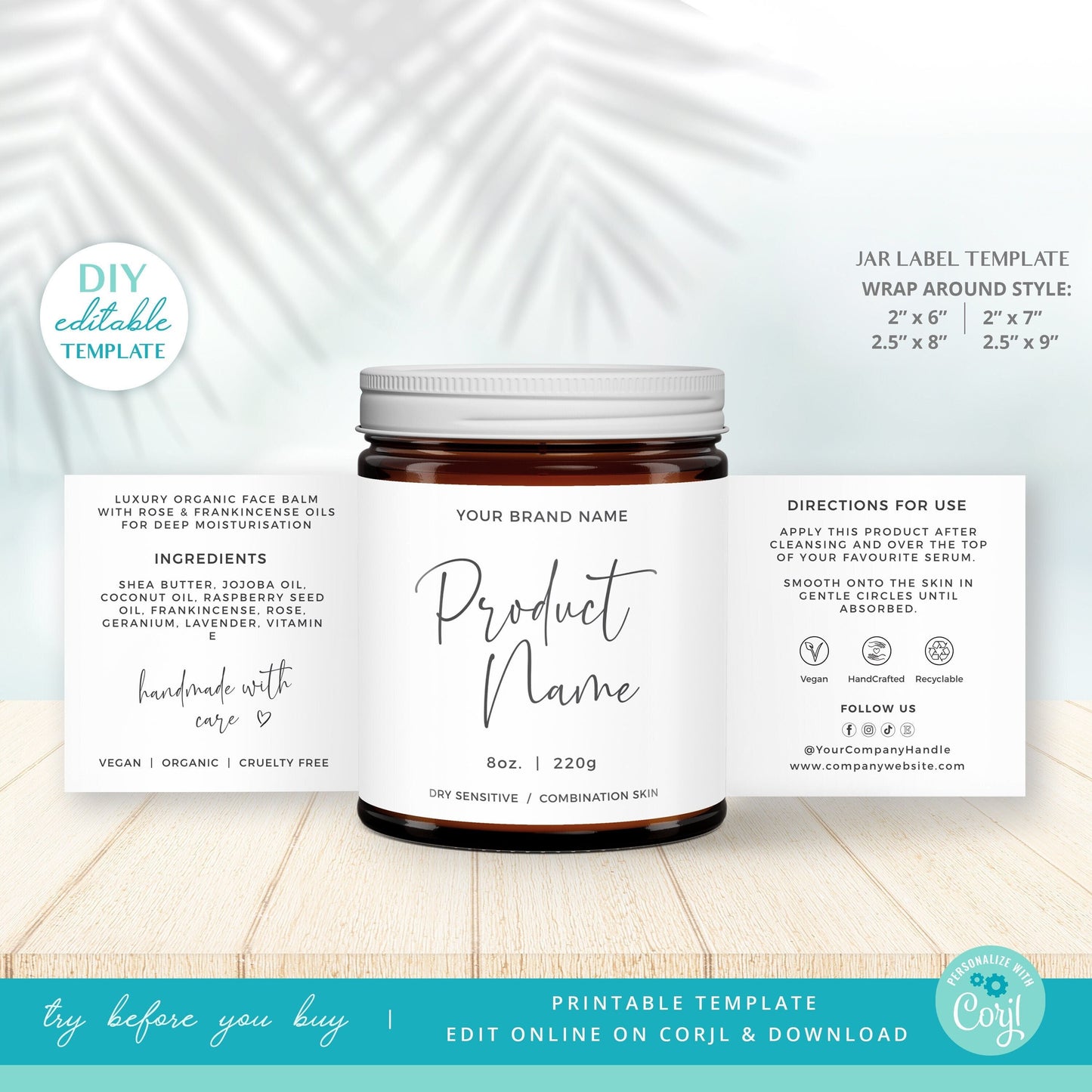 Editable Product Label Minimalist Personalised Wrap Around Template | 4 Sizes: 2x6" / 2x7"/ 2.5x8" / 2.5x9" - INSTANT DOWNLOAD - PR0589