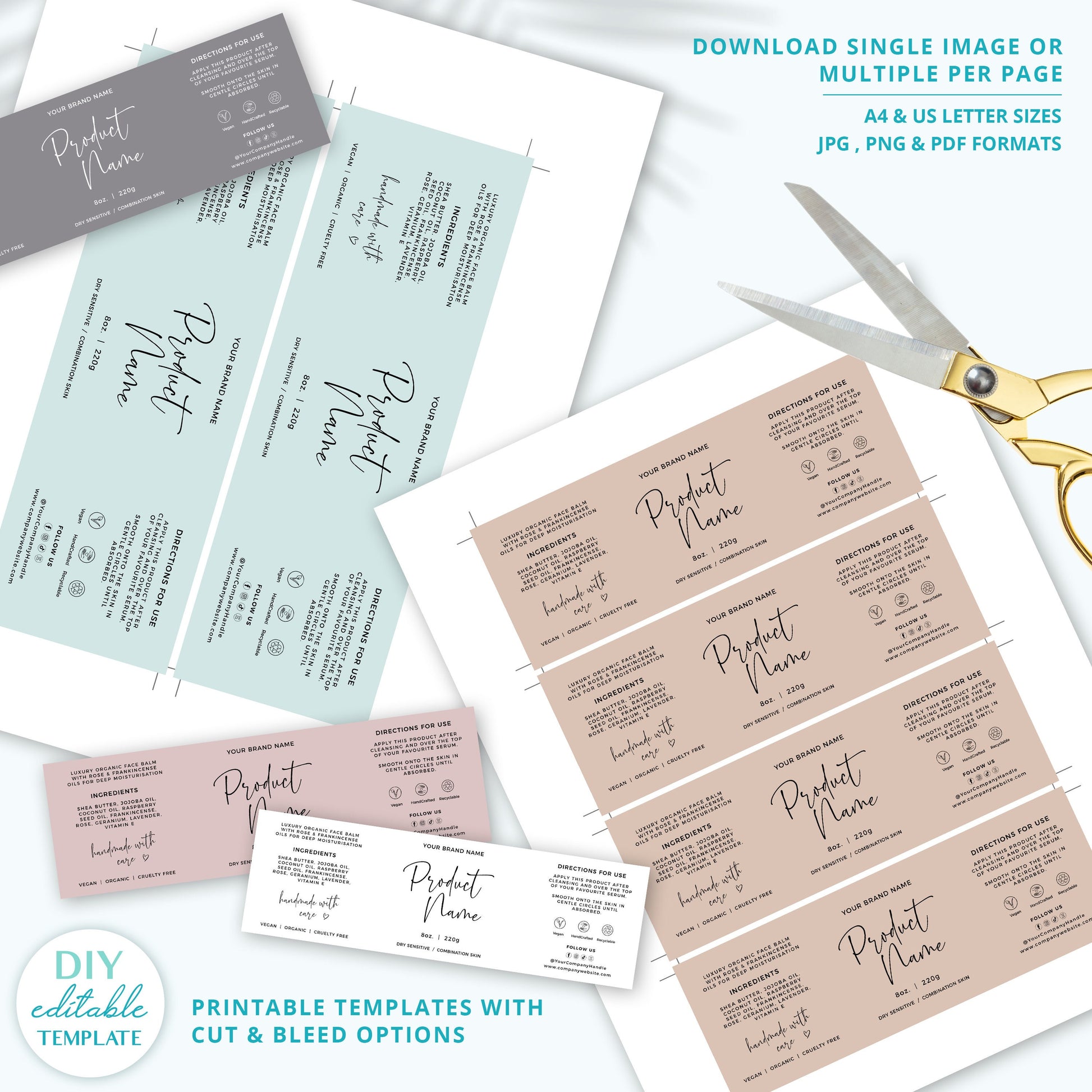 Editable Jar Label Template (4 Sizes) Minimalist Personalised Wrap Around Candle / Cosmetic Skincare Label Design Printable - PR0589