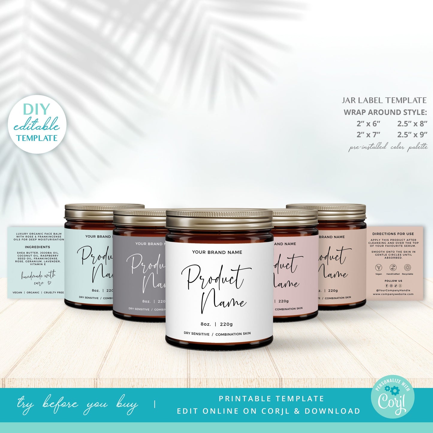 Editable Jar Label Template (4 Sizes) Minimalist Personalised Wrap Around Candle / Cosmetic Skincare Label Design Printable - PR0589