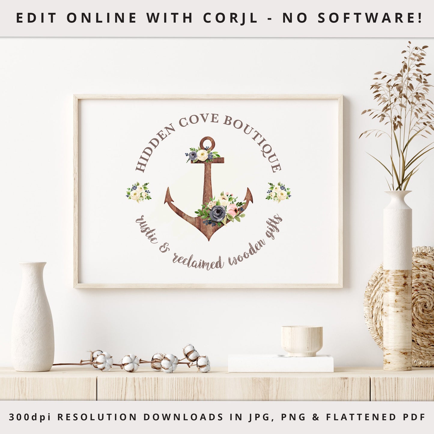 Editable Rustic Watercolor Nautical Anchor Floral Boutique Logo Design Instant Download | DIY Editable Template |  Pre Made Logo - PR0167