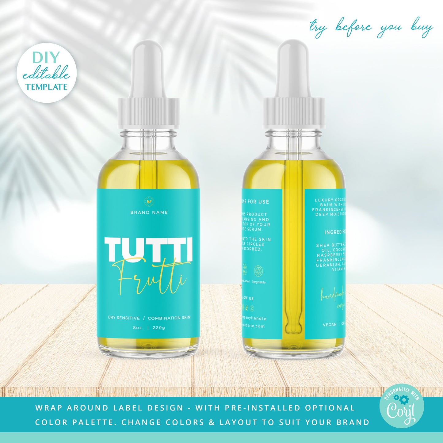 Editable Dropper Bottle Label Template (2 Sizes) Neon Tropical Personalised Wrap Around Essential Oil Cosmetic Label Design Printable PR0600