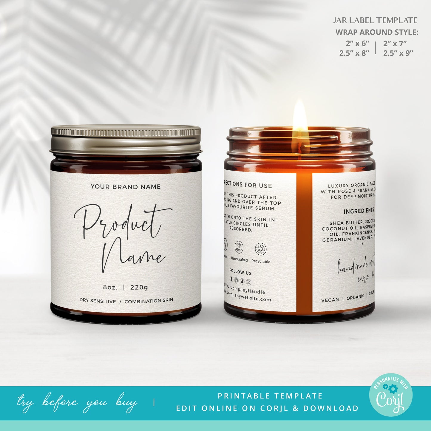 Editable Candle Label Personalised Wrap Around & Circular Product Jar Labels Printable Template | INSTANT DOWNLOAD - PR0593