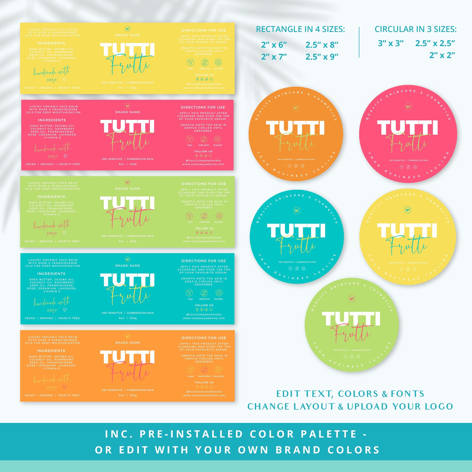 Editable Product Labels (7 Sizes) Personalised Wrap Around & Circular Cosmetic Candle Jar Labels Printable Template INSTANT DOWNLOAD  PR0596