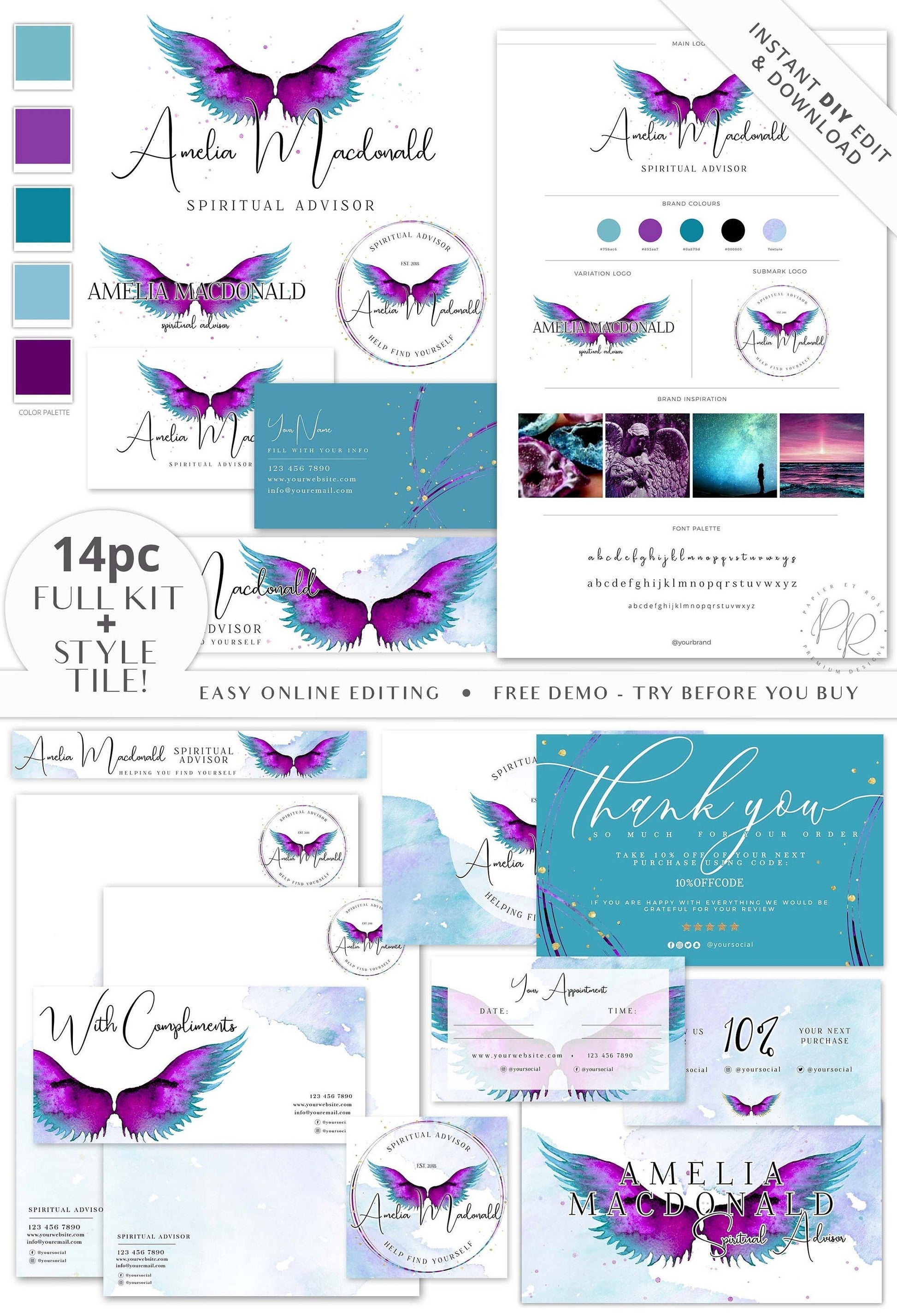 Editable 14pc Full Branding Pack Plus Brand Board Angel Wings Logo Kit | DIY Instant Template | Premade Business Startup logo Set PR0608