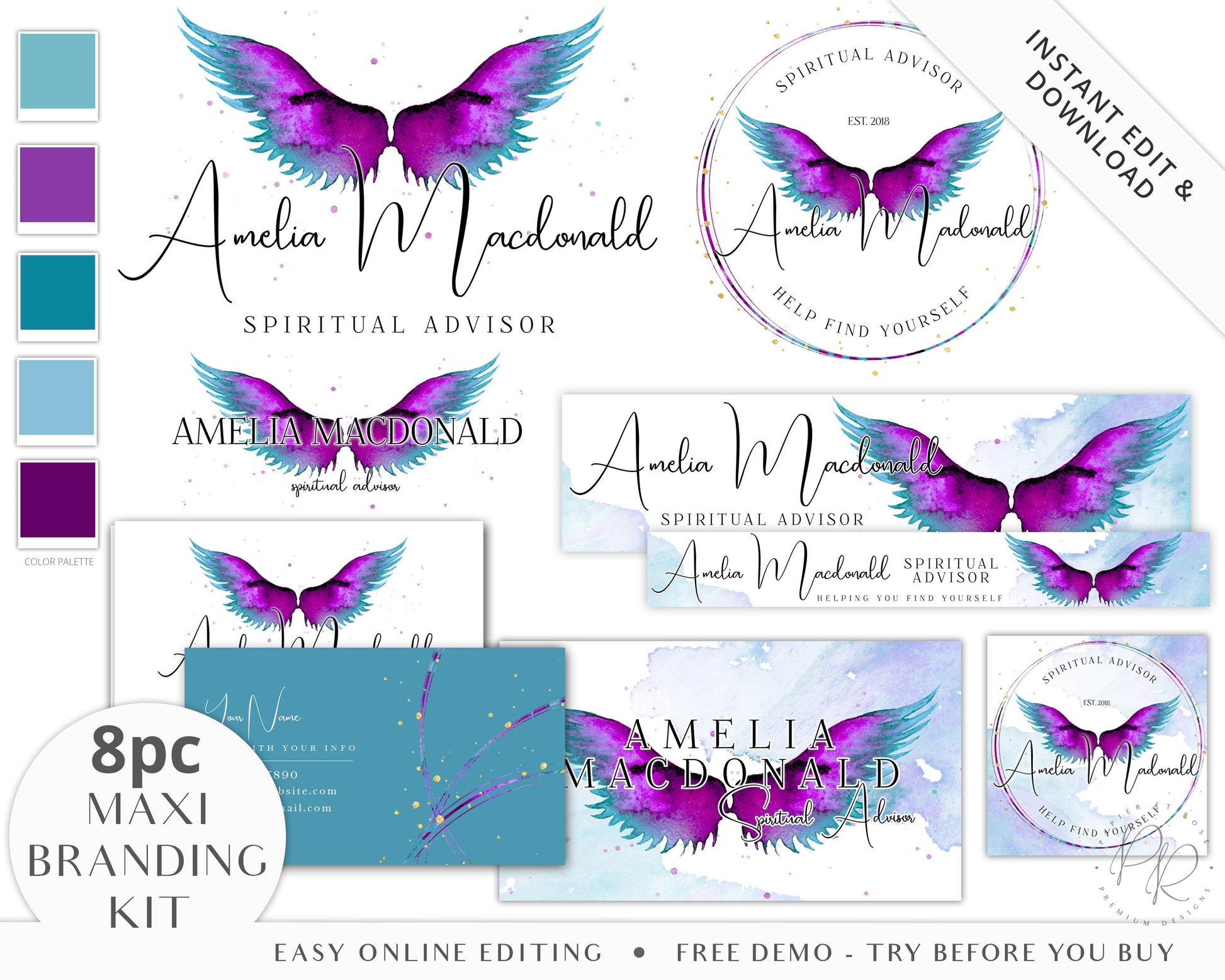 Editable 8pc Branding Kit Ethereal Angel Wings Instant Download Logo Design DIY Template Premade Logo Brand Kit - PR0529