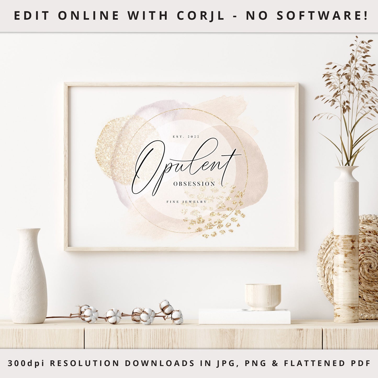 Editable Logo Template 4 x DIY Premade Logos Abstract Neutral Watercolor & Gold, Customizable Logo Editable Branding Instant Access - OO-001