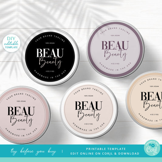 Editable Circle Label Template (3 Sizes) Customized DIY Minimalist Circular Jar Tin Candle Cosmetic Skincare, Printable Label Design BBL-001