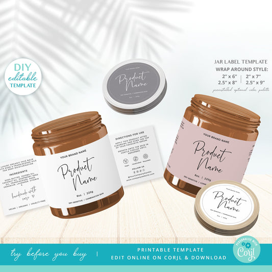 Editable Cosmetic Jar Label (7 Sizes) Minimal Wrap Around & Circle Skincare Product Candle Labels Printable Template INSTANT DOWNLOAD PR0593