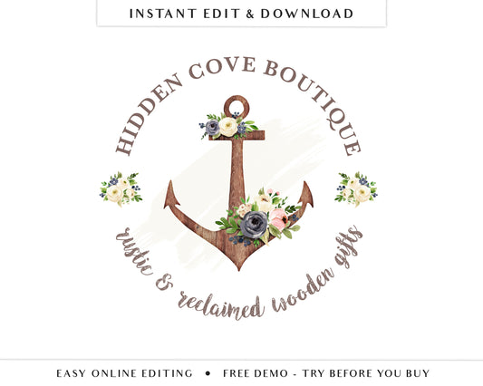 Editable Rustic Watercolor Nautical Anchor Floral Boutique Logo Design Instant Download | DIY Editable Template |  Pre Made Logo - PR0167