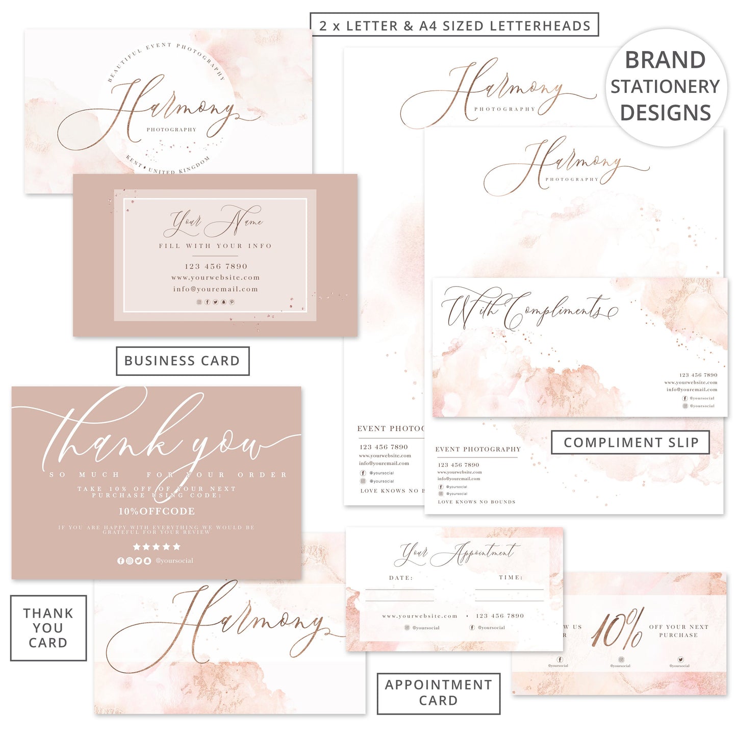 Editable 14pc Full Branding Plus Brand Board Blush Marble Logo Kit | DIY Instant Template | Premade Business Startup Logo Set HP-001