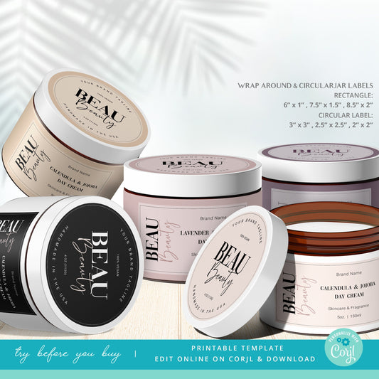 Editable Jar Label Templates (6 Sizes) Minimalist Personalised Wrap Around Candle & Circle Cosmetic Skincare Label Design Printable - PR0614