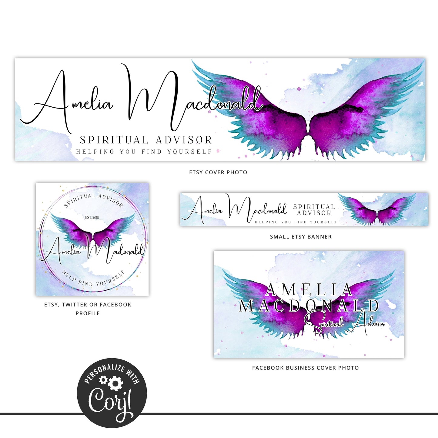 Editable 8pc Branding Kit Ethereal Angel Wings Instant Download Logo Design DIY Template Premade Logo Brand Kit - PR0529