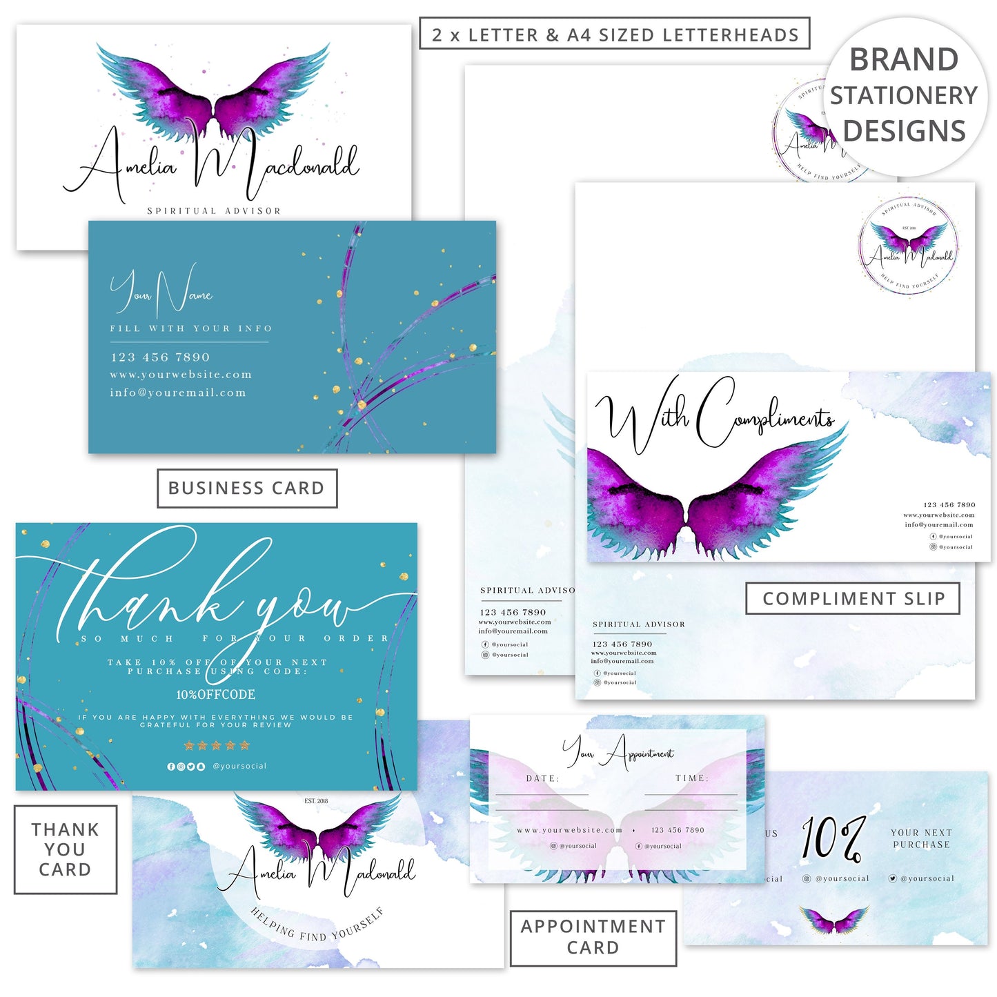 Editable 14pc Full Branding Pack Plus Brand Board Angel Wings Logo Kit | DIY Instant Template | Premade Business Startup logo Set PR0608