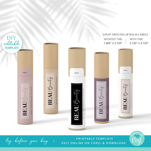 Editable Lip Balm Label Template (2 Sizes) Personalised Wrap Around Lip Gloss Chapstick Cosmetic Packaging Label Design Printable - BBL-001
