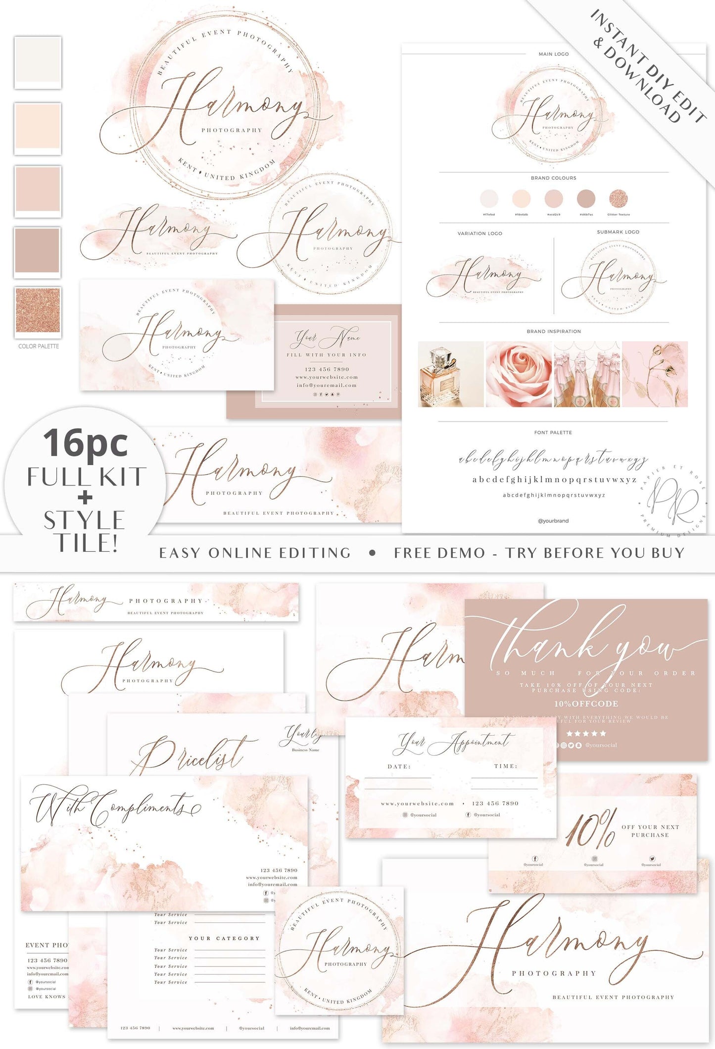 Editable 16pc FULL Branding Plus Brand Board Blush Marble Logo Kit | DIY Instant Template | Premade Business Startup Logo Set HP-001