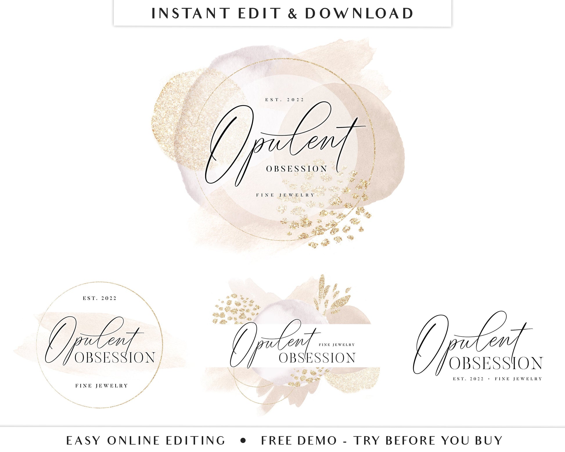 Editable Logo Template 4 x DIY Premade Logos Abstract Neutral Watercolor & Gold, Customizable Logo Editable Branding Instant Access - OO-001