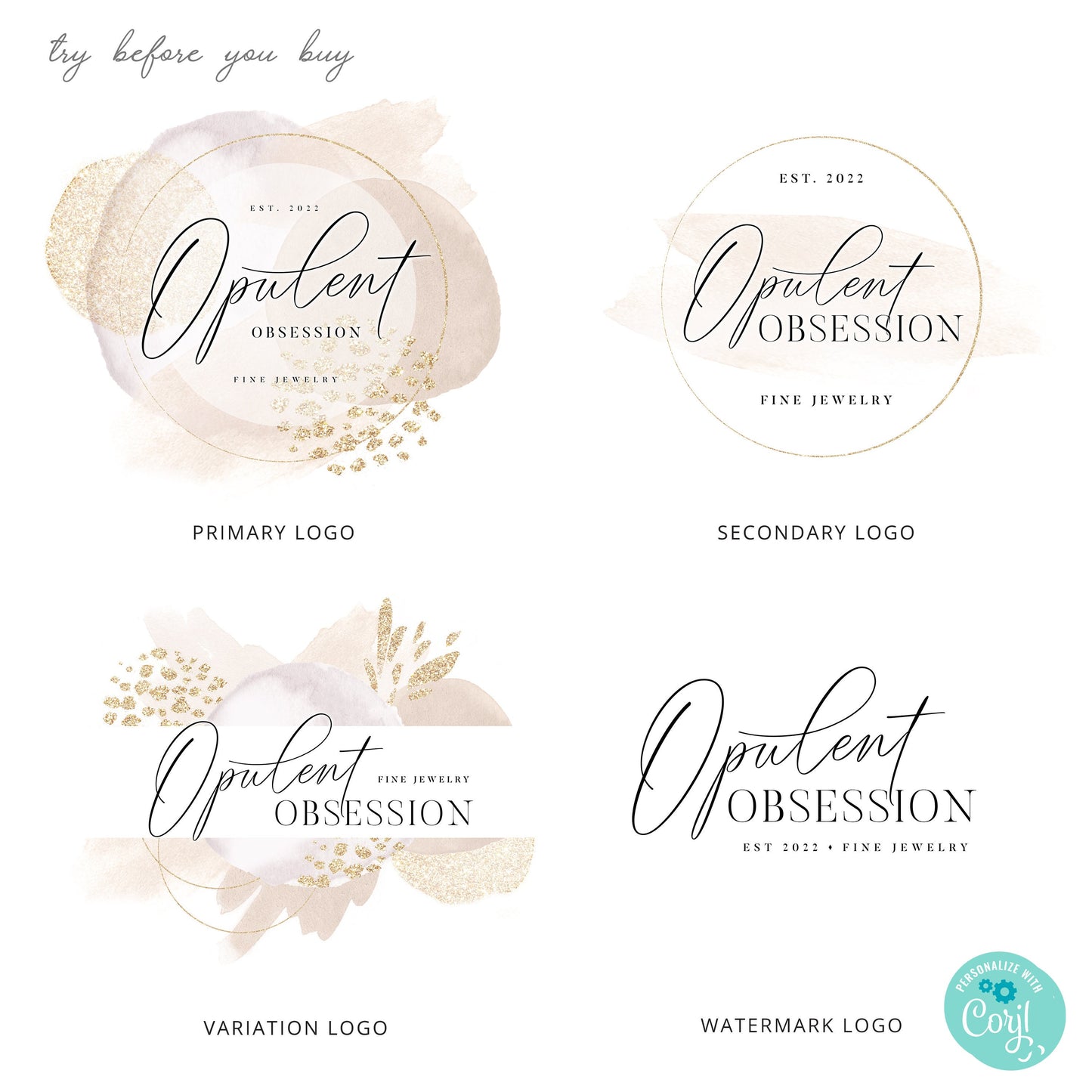 Editable Logo Template 4 x DIY Premade Logos Abstract Neutral Watercolor & Gold, Customizable Logo Editable Branding Instant Access - OO-001