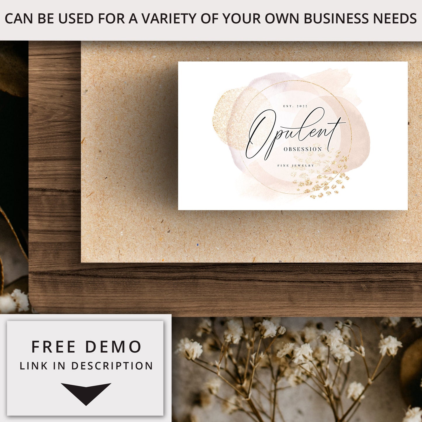 Editable Logo Template 4 x DIY Premade Logos Abstract Neutral Watercolor & Gold, Customizable Logo Editable Branding Instant Access - OO-001