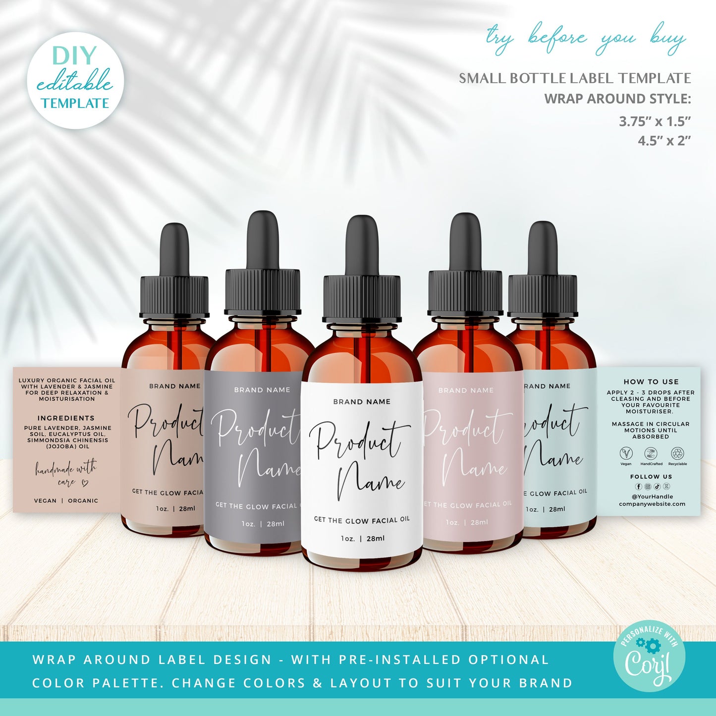 Editable Dropper Bottle Label Template (2 Sizes) Minimal Personalised Wrap Around Essential Oil Cosmetic Label Design Printable - PR0618