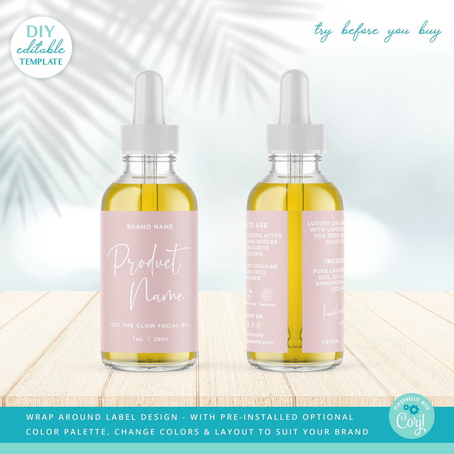 Editable Dropper Bottle Label Template (2 Sizes) Minimal Personalised Wrap Around Essential Oil Cosmetic Label Design Printable - PR0618