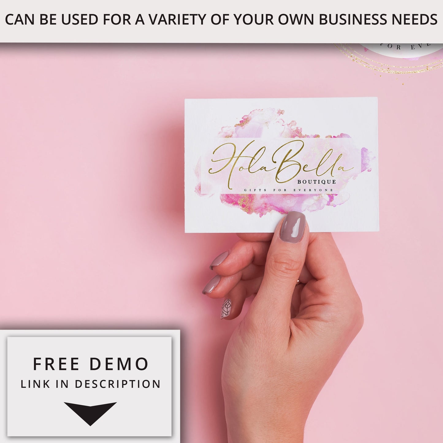 Editable Logo Template Set 4 x Logo Kit, Beauty Boutique Business Logo, Pink Glitter Ink & Gold Logo Branding Kit Editable Template HB-001